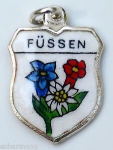 Fussen GERMANY Flowers Vintage Silver Enamel Travel Shield Charm - Click Image to Close